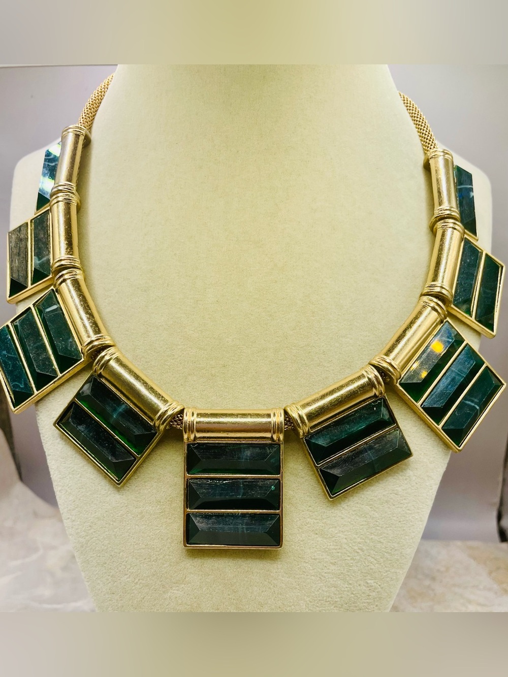 Zara Gold-Tone Necklace w/ Dark Green Stone Square Panels. 17 inches. 2 in ex